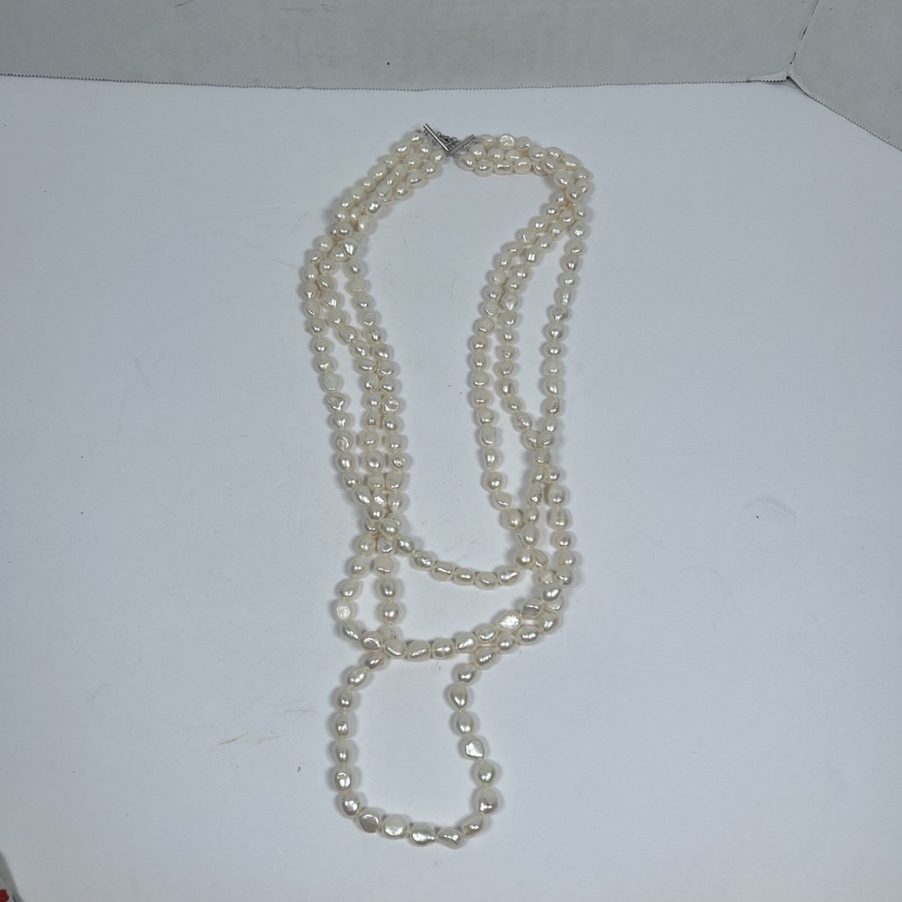 Vintage 3 Strand Freshwater Baroque Pearl Necklace 26" 925 Sterling Silver